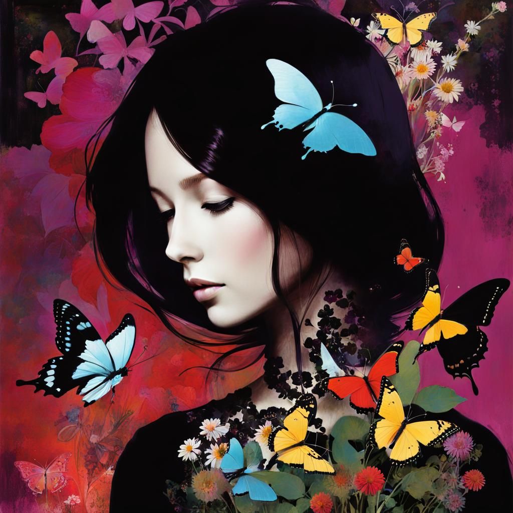 Surreal Silhouette Collage with Flowers and Butterflies