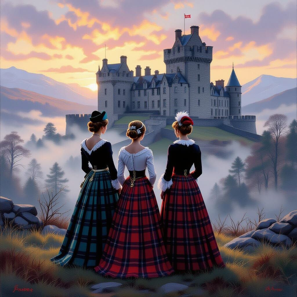 Royal Family in Kilts at Scottish Castle at Dawn
