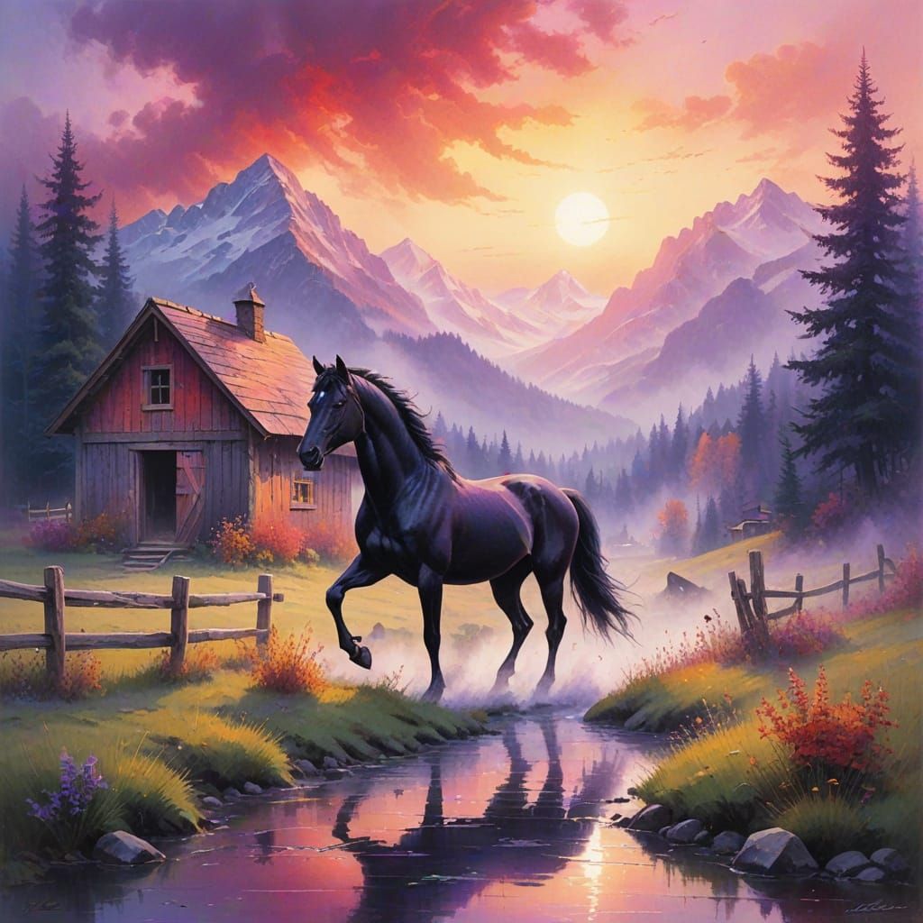 Majestic Black Stallion Rides Through Vibrant Misty Mountain...