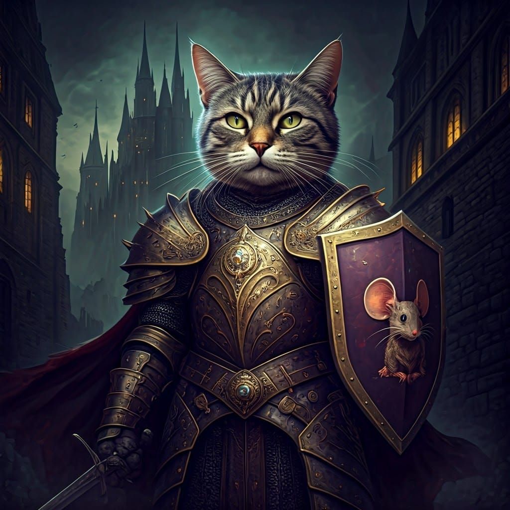 Feline Knight Holds Shield with Mouse Sigil, Castle in Backg...