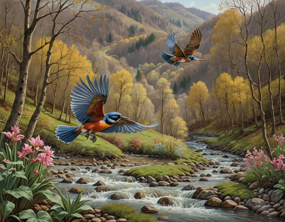 Bird in Flight Over Spring Stream, Maximalist Style