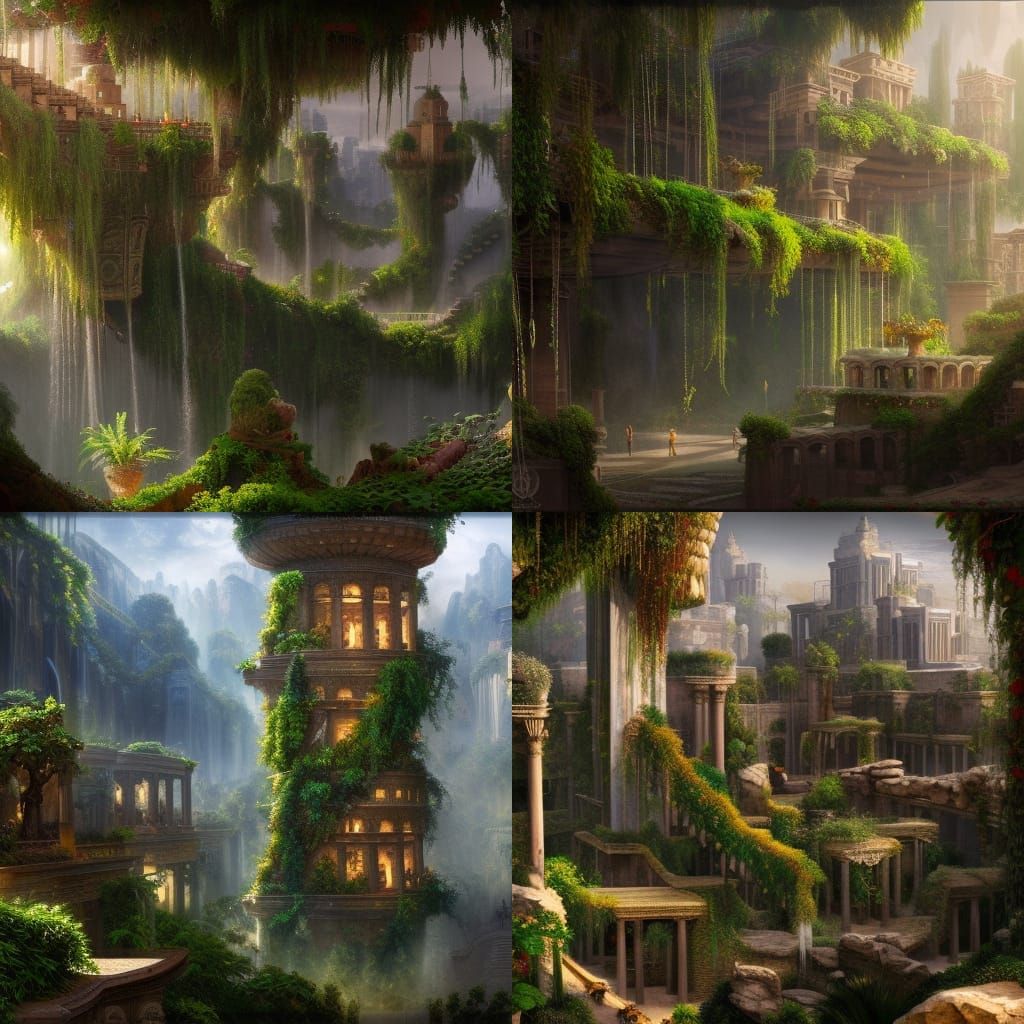Fantastical Hanging Gardens of Babylon: Detailed Matte Paint...
