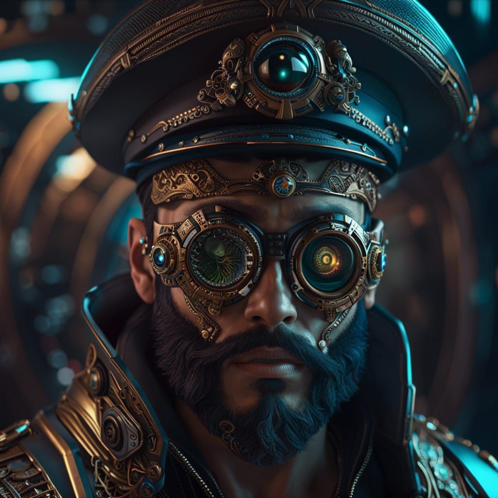 Biomechanical Cyberpunk Pirate on Spaceship