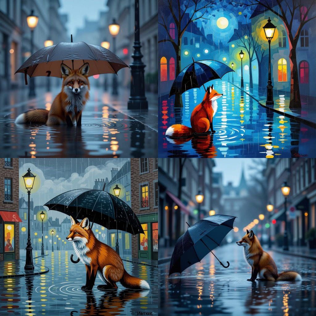 Curious Fox Peeking From Torn Umbrella in City Reflections