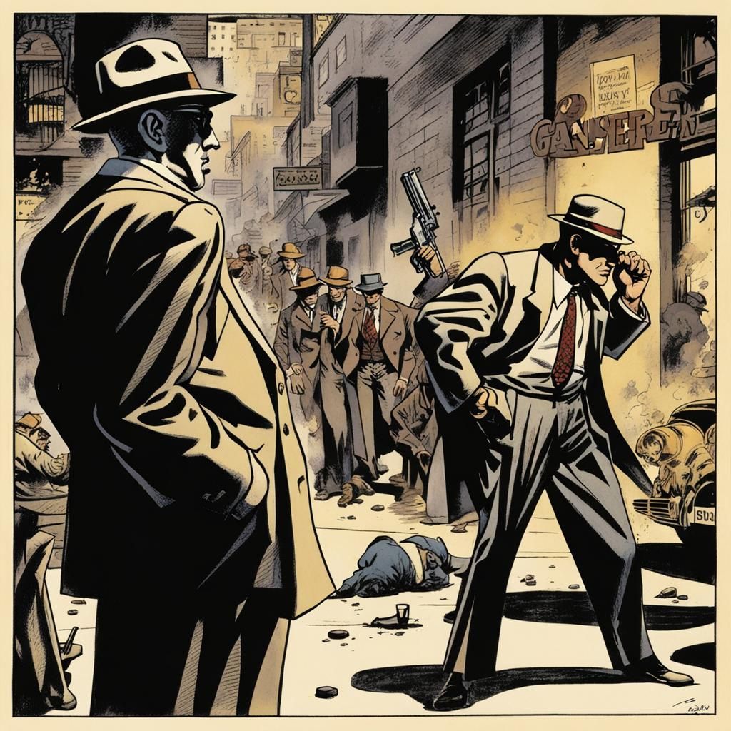 Noir Gangster War Scene in Graphic Novel Style