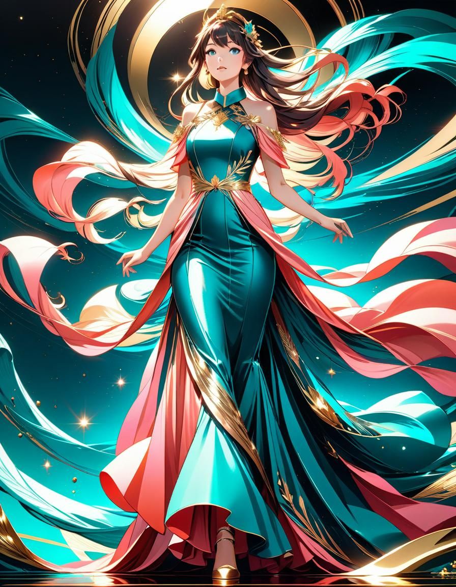 Teal, Coral, and Gold Dress in Anime Style