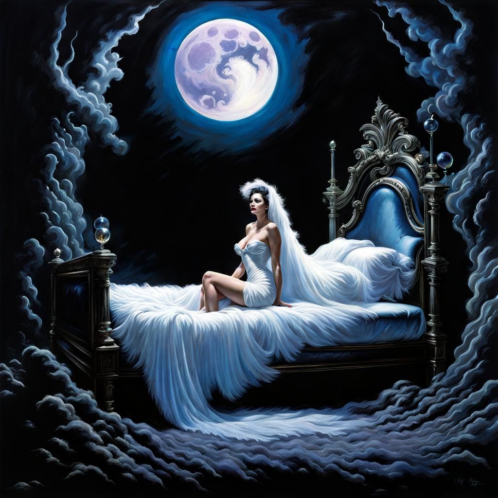Ghostly Figure on Dream Bed Under Starlight