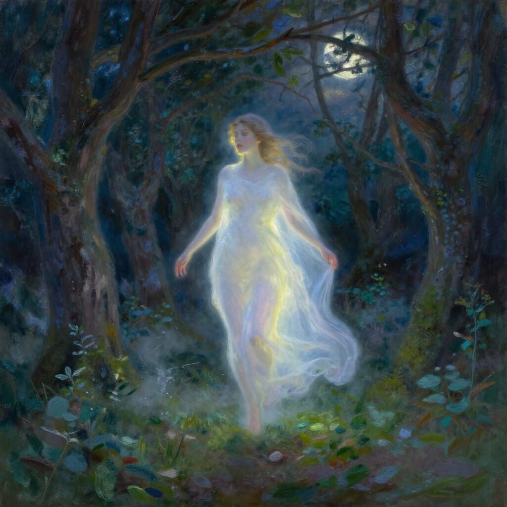 Ethereal Spectral Woman in Moonlit Forest Clearing