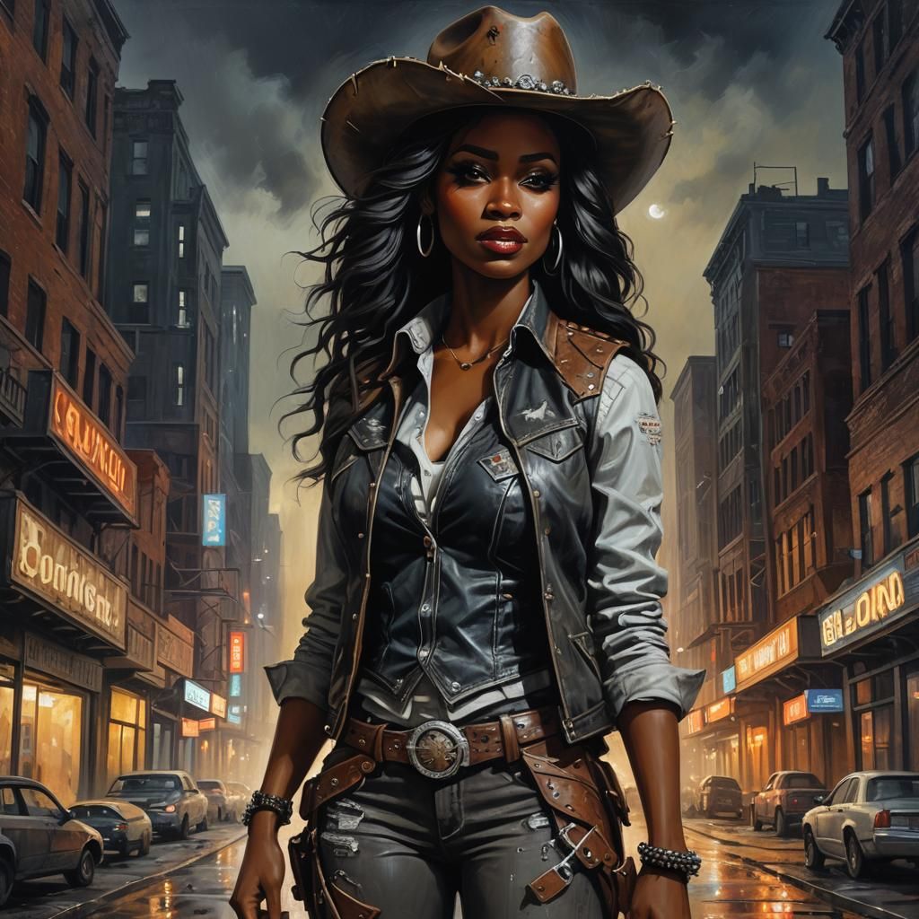 Southern Gothic Cowgirl in Dystopian Cityscape