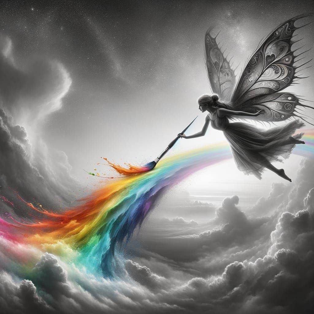 Fairy Creates Vibrant Rainbow in Stunning Grayscale Sky