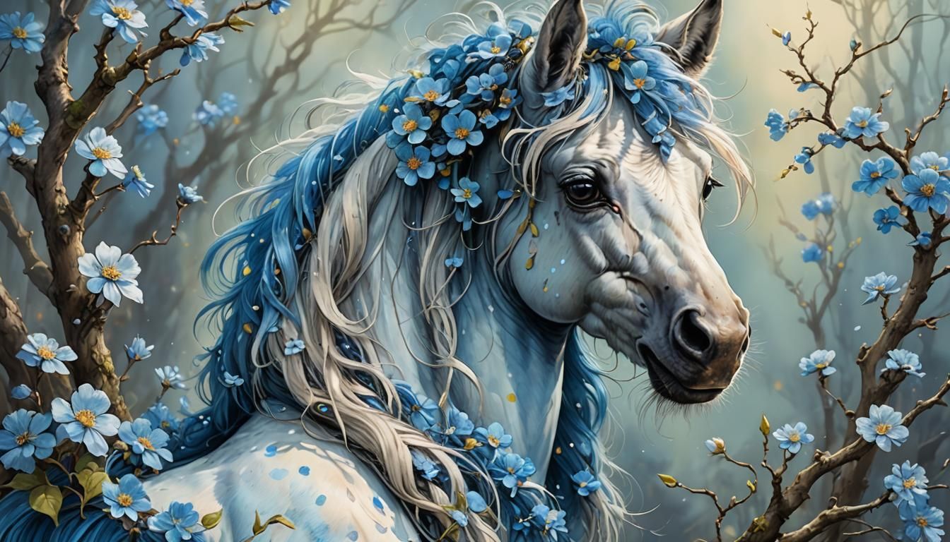 Blue Blossom Foal Portrait in Watercolor Style