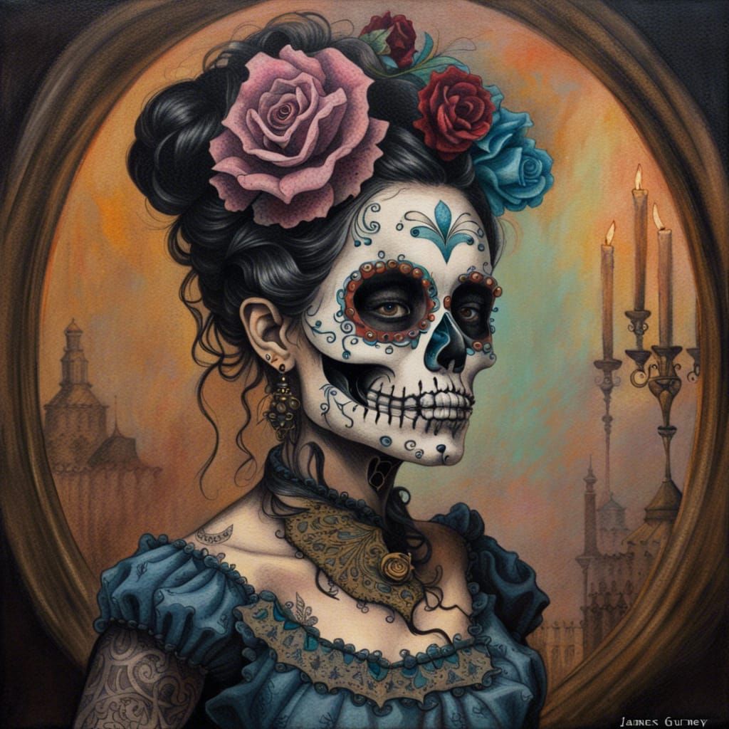 Romantic Victorian Tattooed Sugar Skull Oil Painting