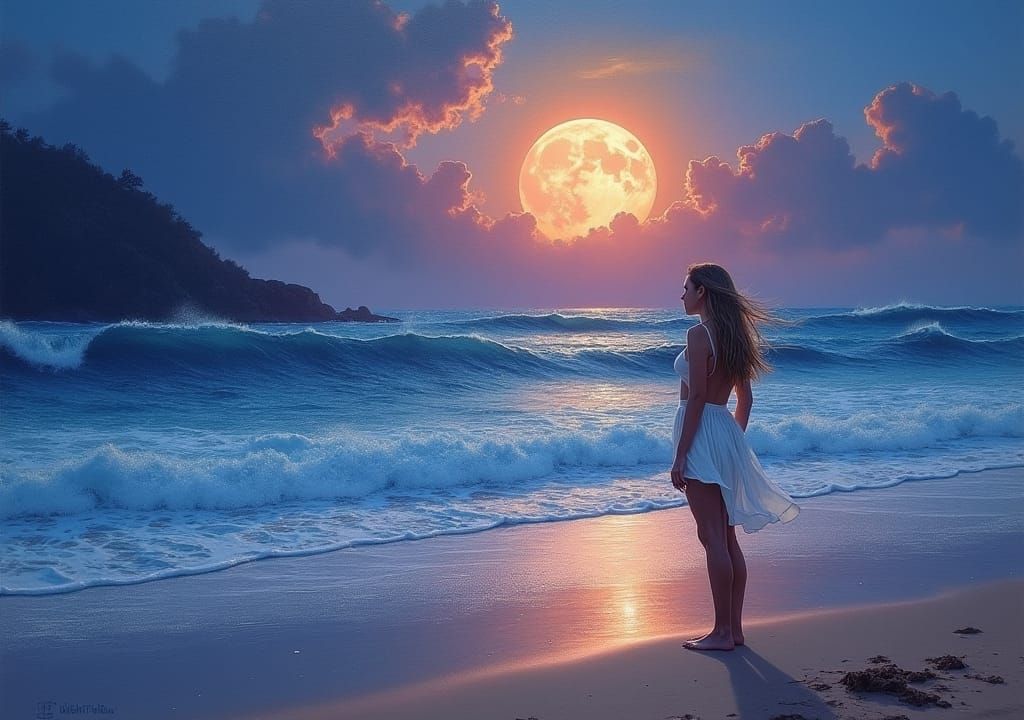 Woman Gazing at Moonlit Beach in Impressionist Style