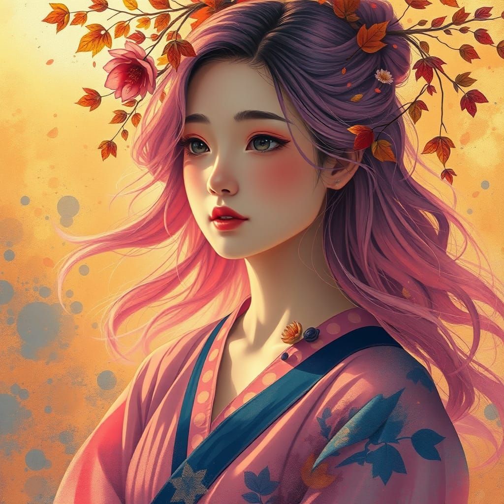 Anime Woman Blended with Autumn Nature
