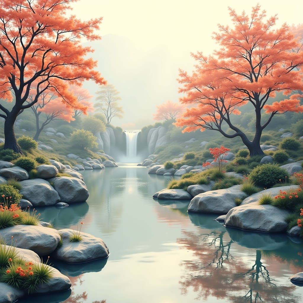 Serene Japanese Garden in Sumi-e Ink Wash Style