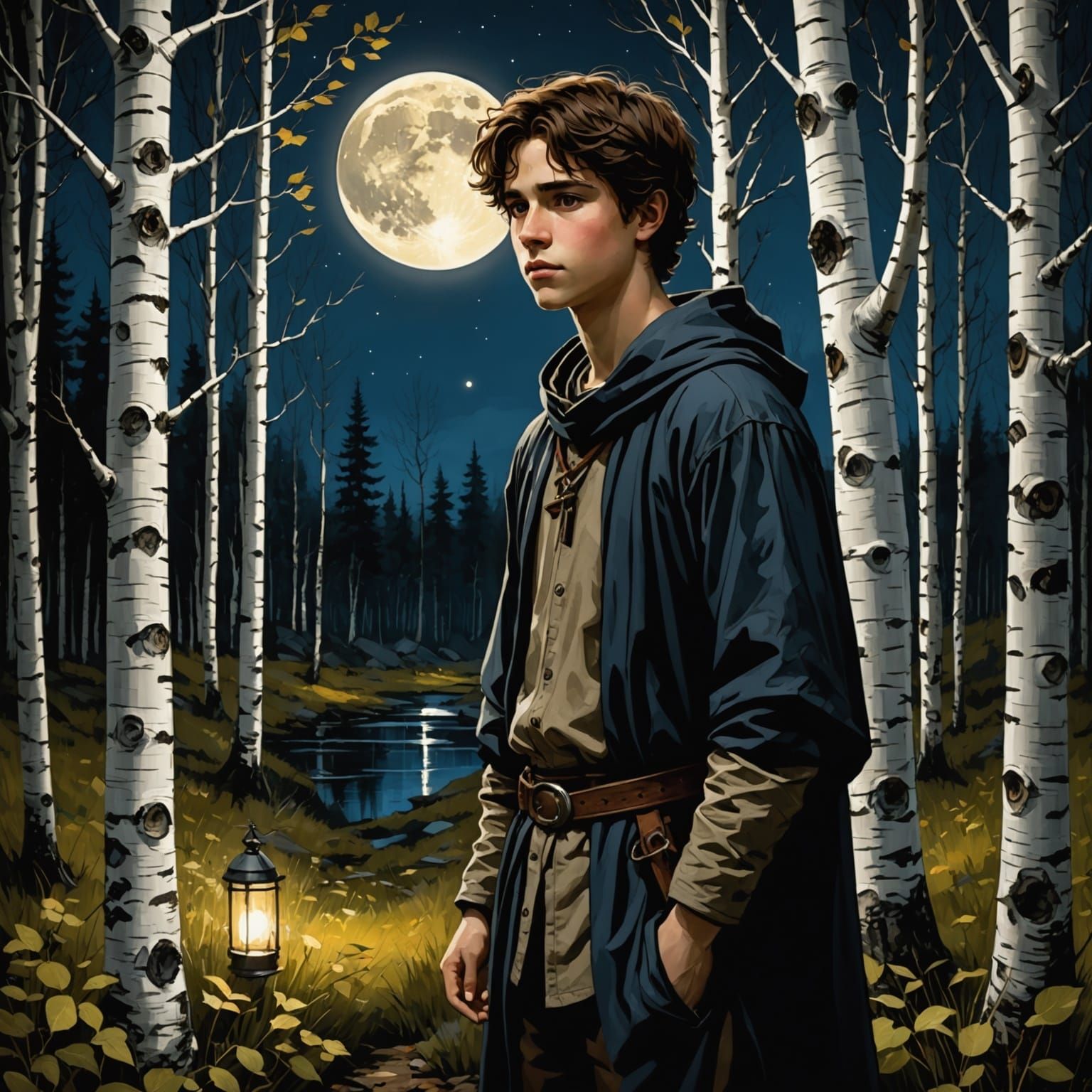 Moonlit Medival Youth Surrounded by Birches in the Shadows