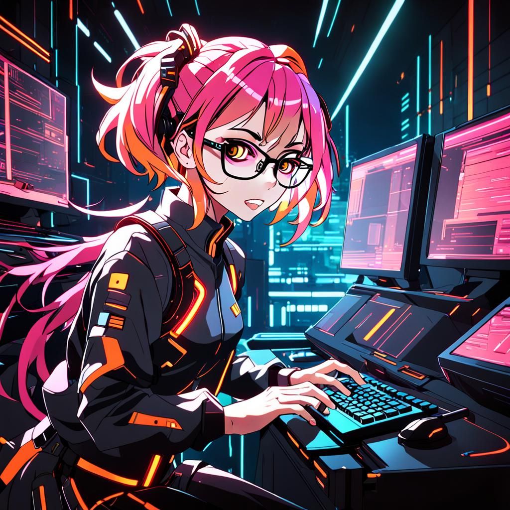 Anime Girl Hacking in Cyberpunk Style