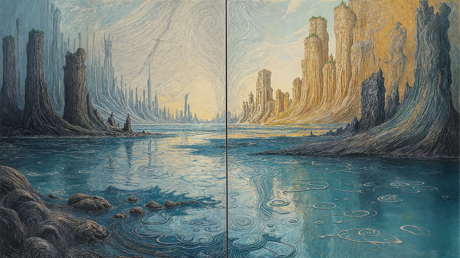 Surreal Water and Light Diptych in Giacometti Style
