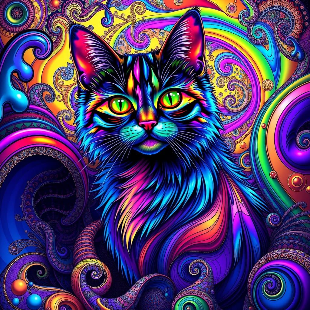 Vibrant Iridescent Cat in Swirling Psychedelic Patterns