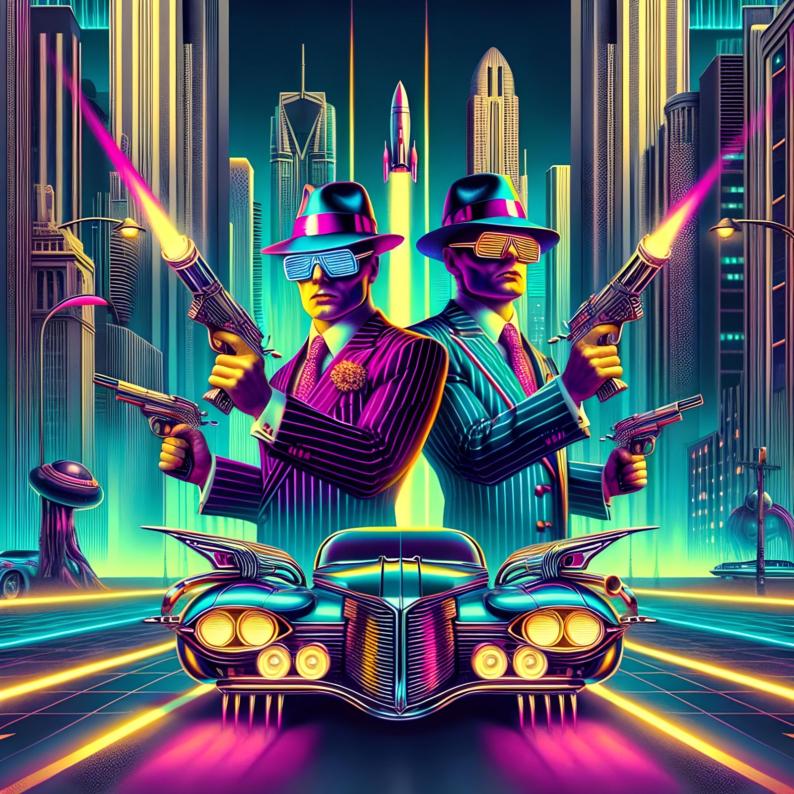 Retro-Futuristic Gangsters in Surreal Chicago Landscape