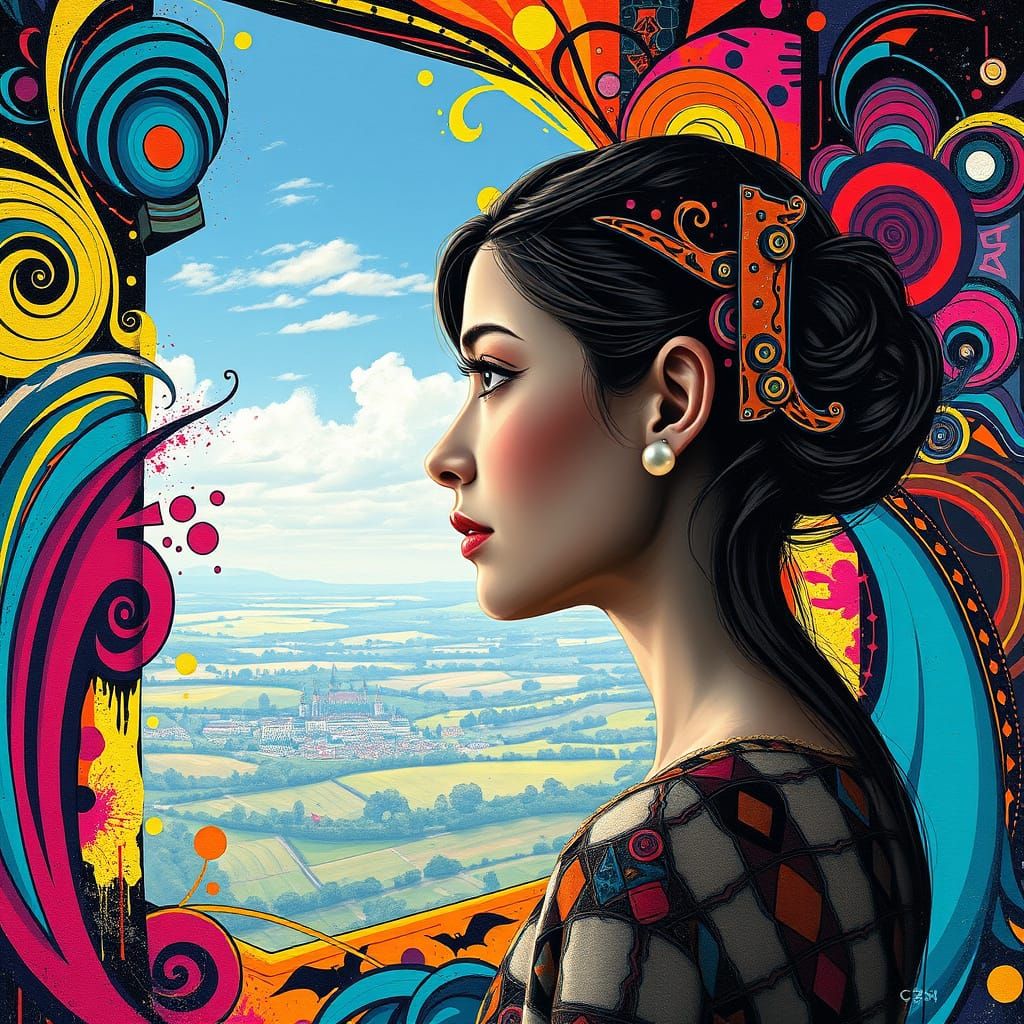 Fantastical Woman Lost in Vibrant Graffiti Wonderland