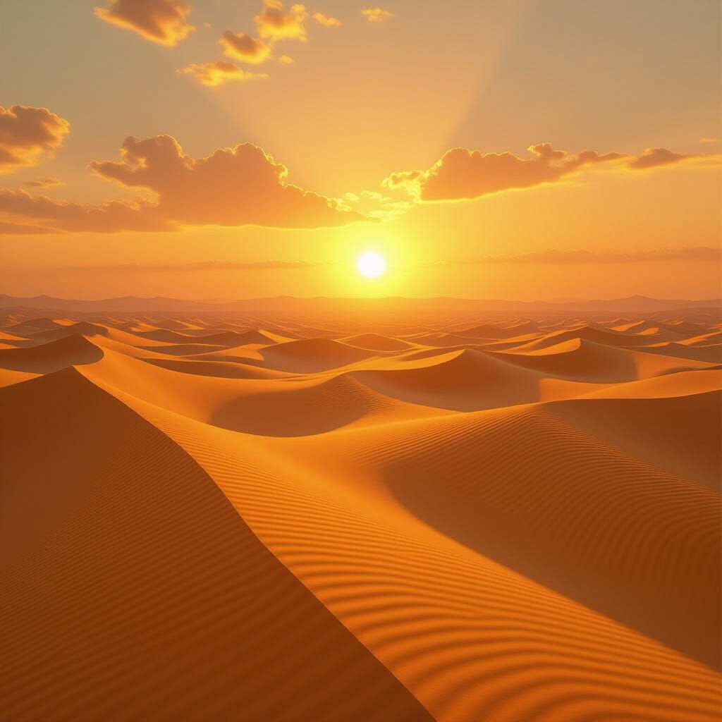 Golden Desert Dunes Under Blazing Sunset Light