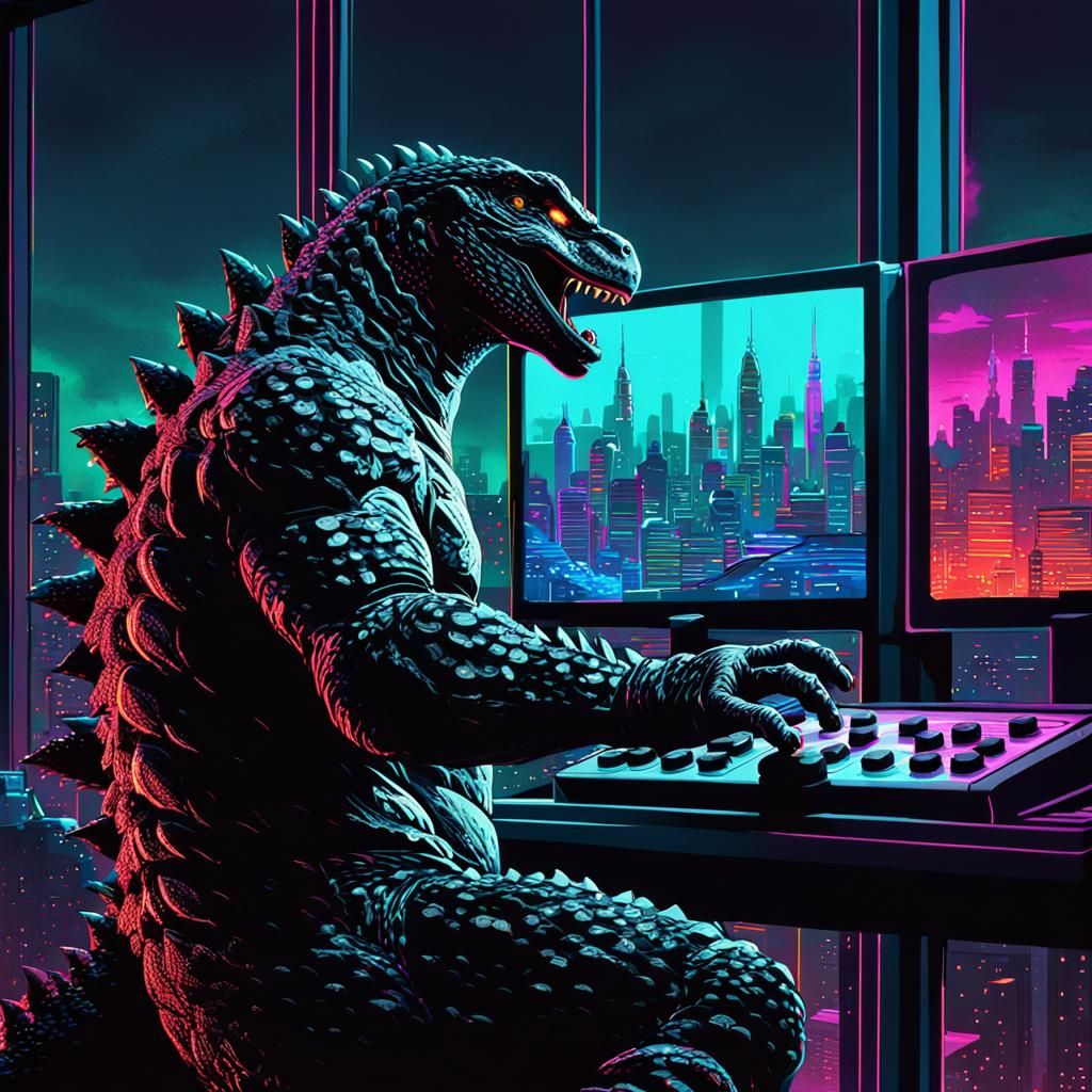 Godzilla Plays Video Games in Neon Noir Cityscape