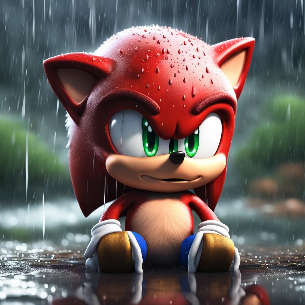 Sad Chibi Knuckles in the Rain: Detailed Matte Painting