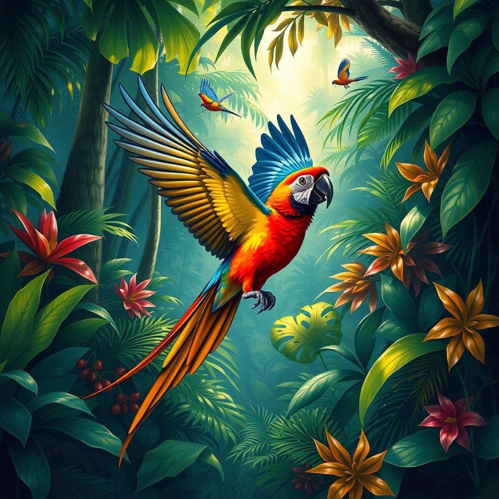 Vibrant Parrot in Tropical Rainforest Dreamscape