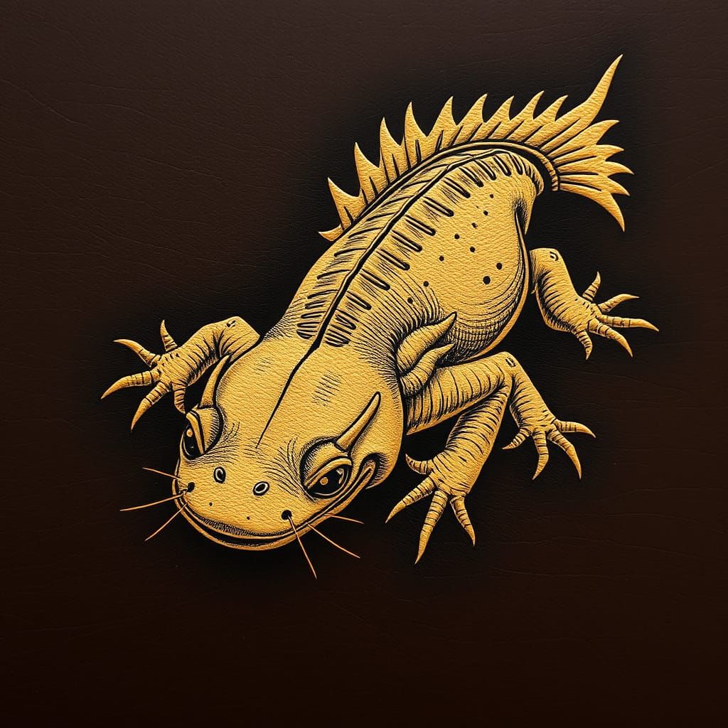 Ultradetailed Scalpel Drawing of an Axolotl on Leather