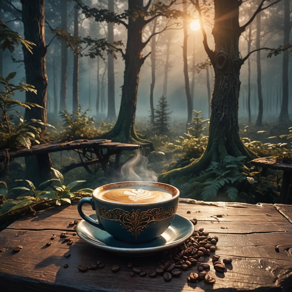 Mystical Coffee Cup in Moonlit Forest: Fantasy Art