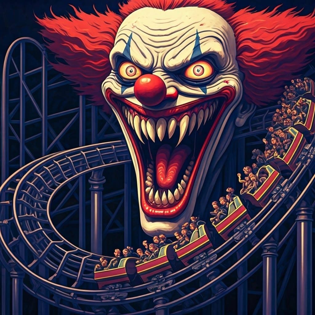 Terrifying Clown Spewing Rollercoaster in Dark Fantasy Style