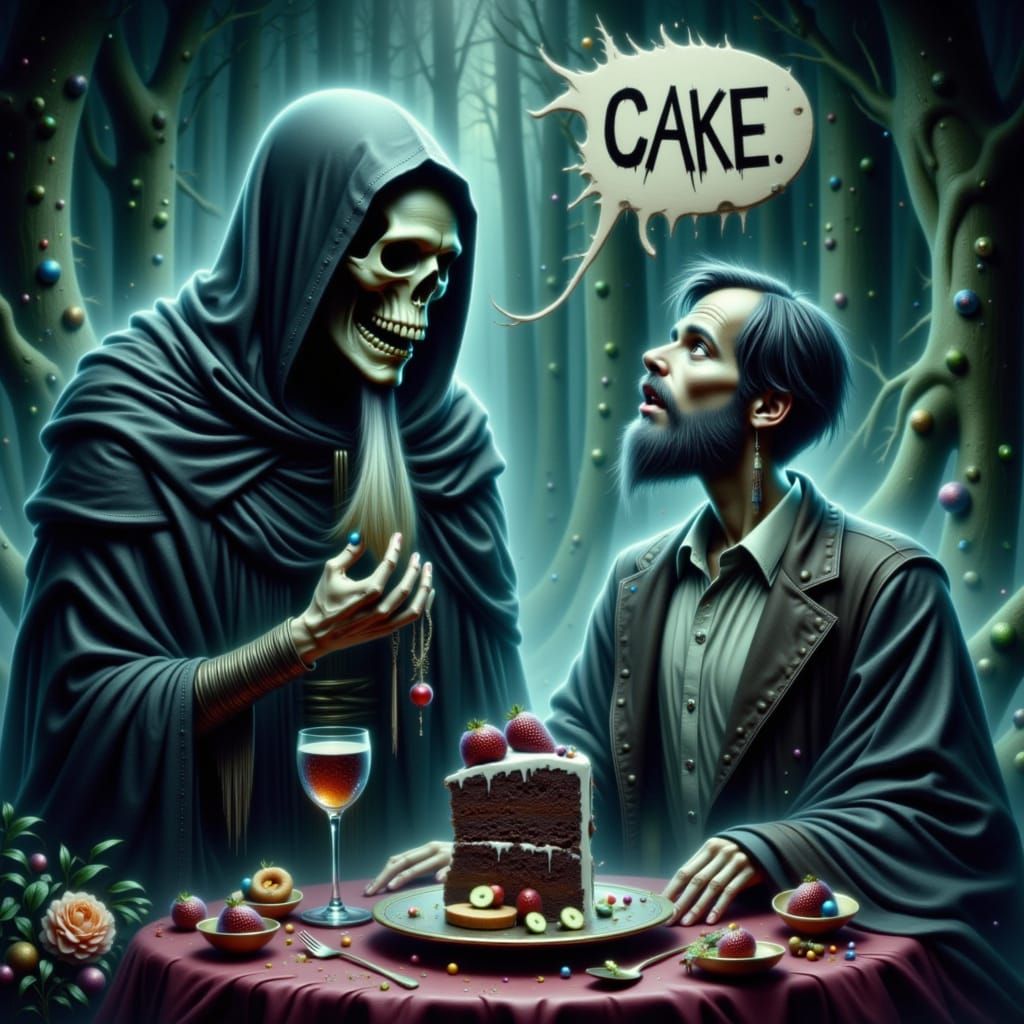 Grim Reaper Offers Man Cake or Death in Graphic Novel Style