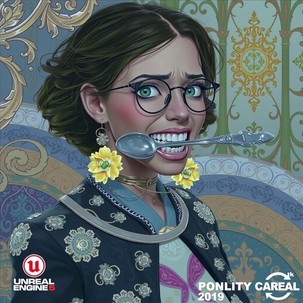 Futuristic Woman Struggling to Speak with Ornate Spoon