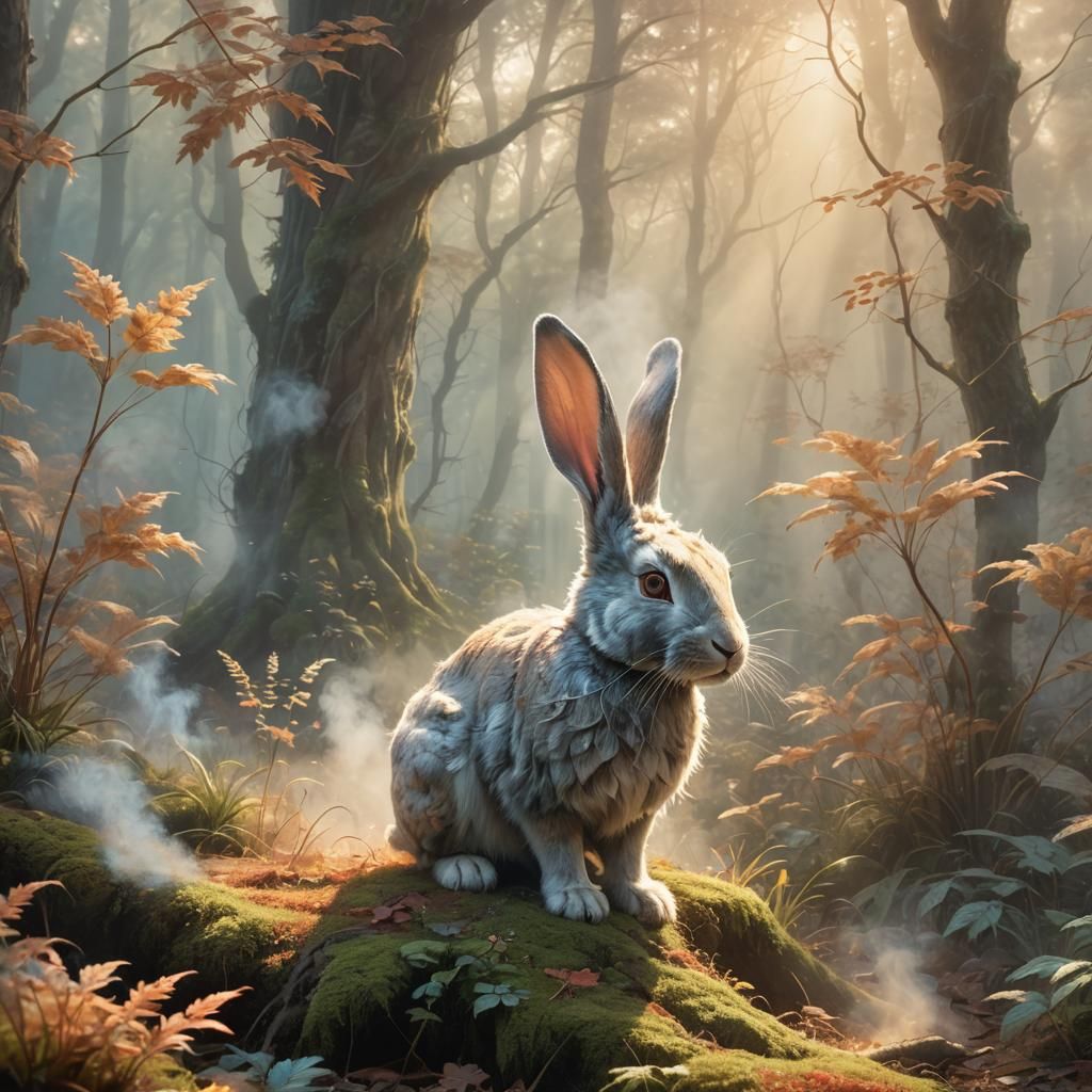 Ethereal Smoke Rabbit in Mystical Forest