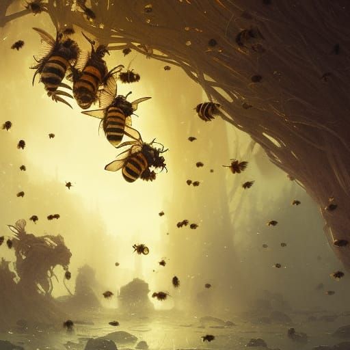 Beehive and Bees: Dark Fantasy Art in 8k