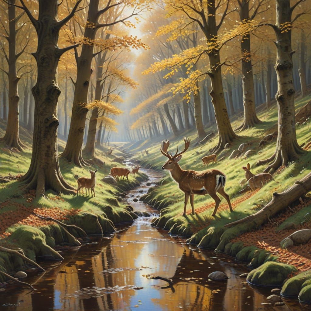 Fallow Deer Drink in Sun Dappled Autumn Woods