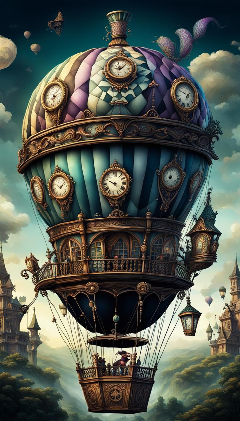 Mad Hatter Hot Air Balloon in Tim Burton Style