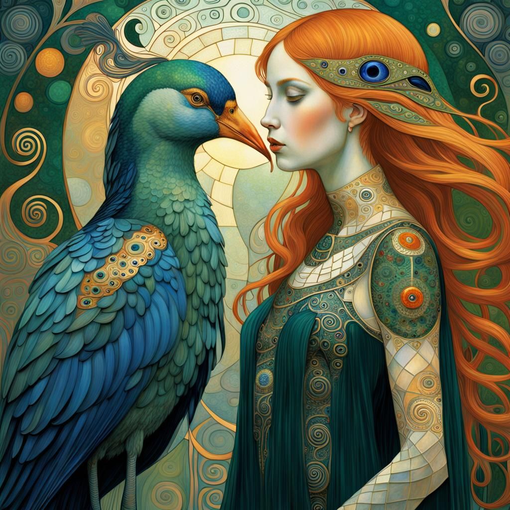 Bird and Girl in Klimt-Inspired Digital Fantasy