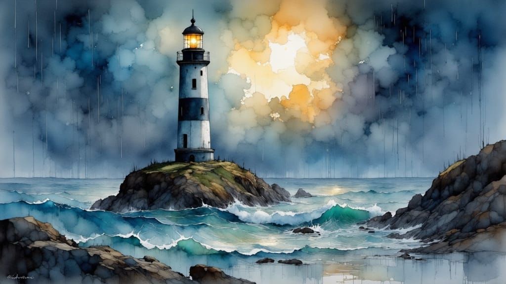 Stormbound Lighthouse in Watercolour Style