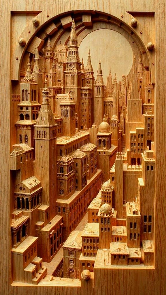 Escher-Inspired Wood Carving Cityscape