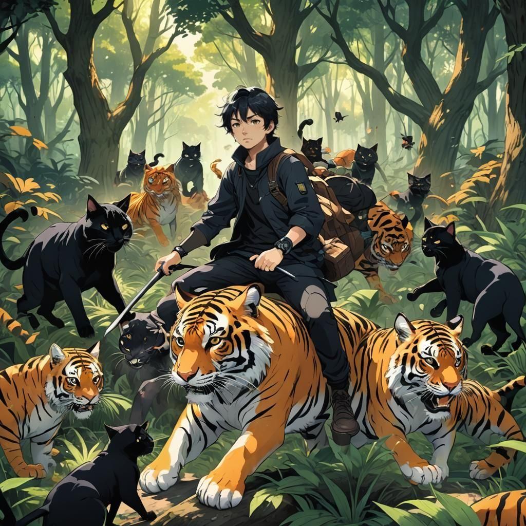 Boy Rides Tiger Surrounded by Cats: Anime Style