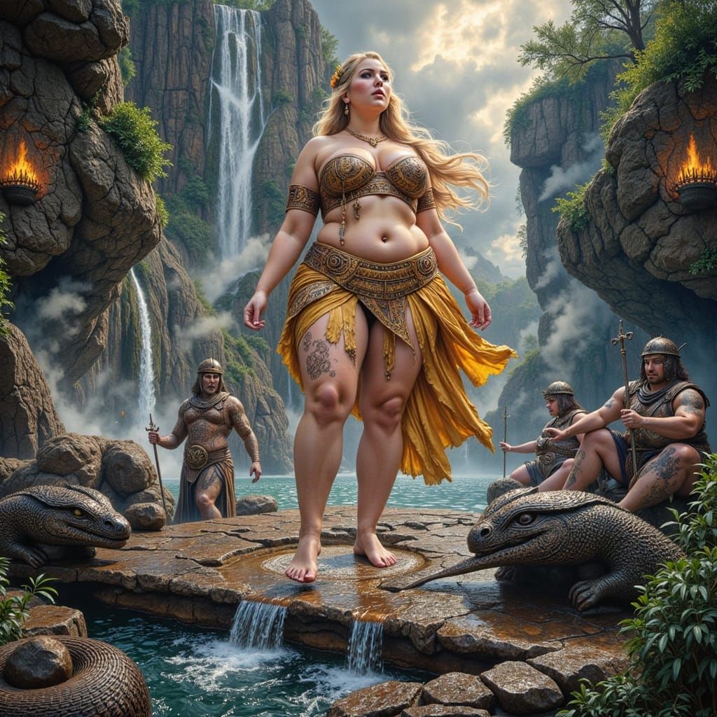 Surreal Queen Stands Tall at Obsidian Waterfall Shrine