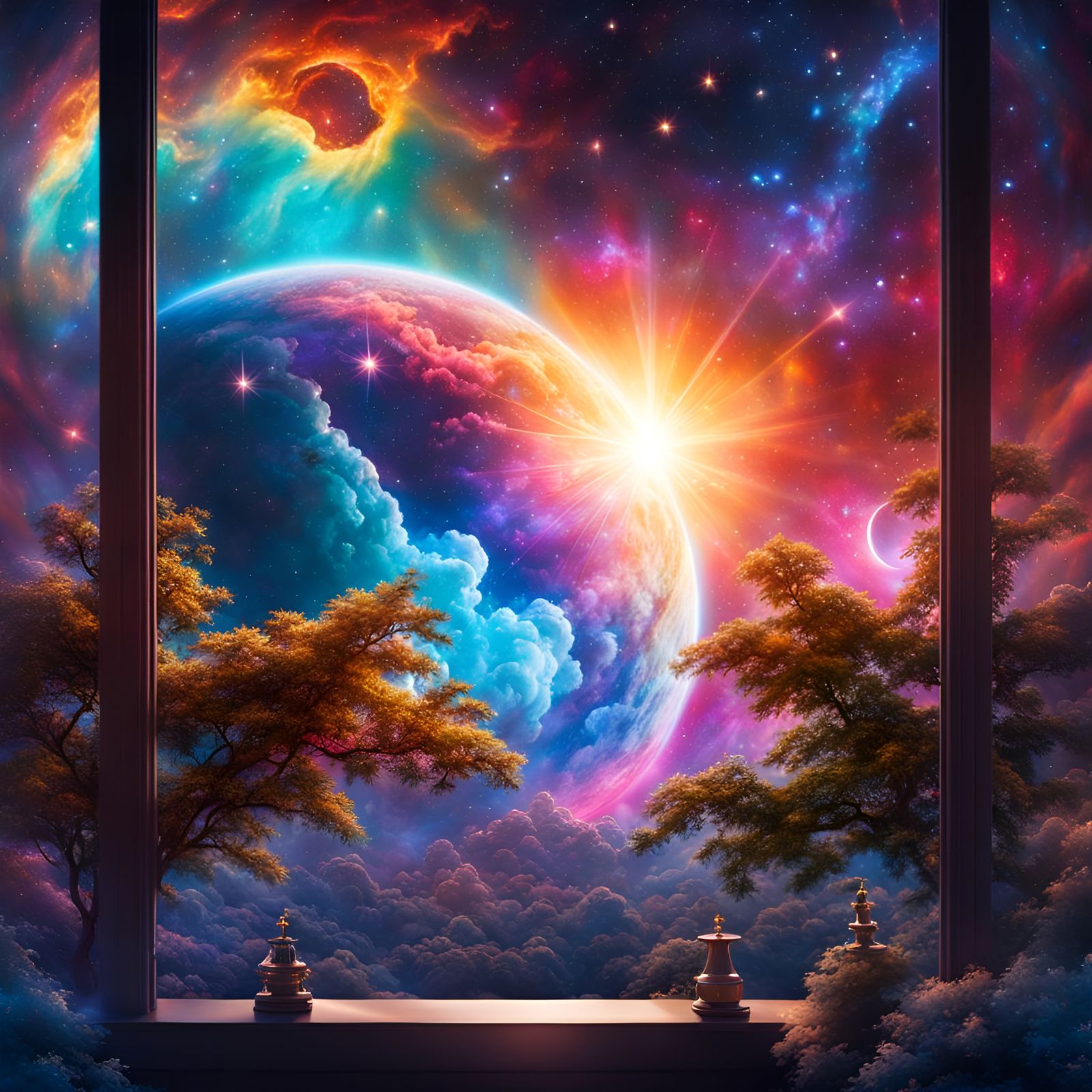 Vibrant Space Nebula Through a Glass Window