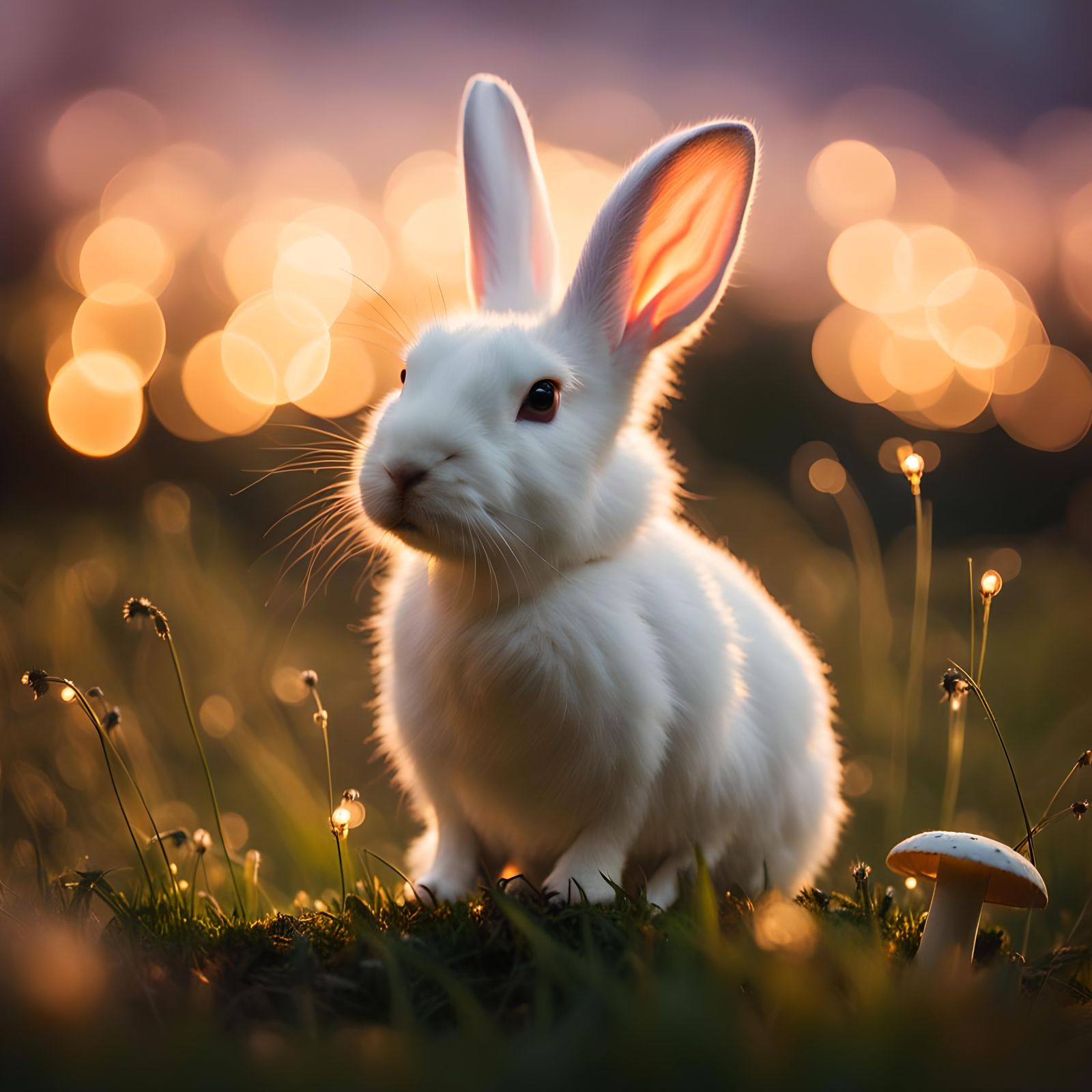 White Rabbit on Mushroom in Magical Field