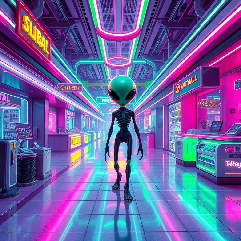 Alien Shopping Spree in Synthwave Neon Mall