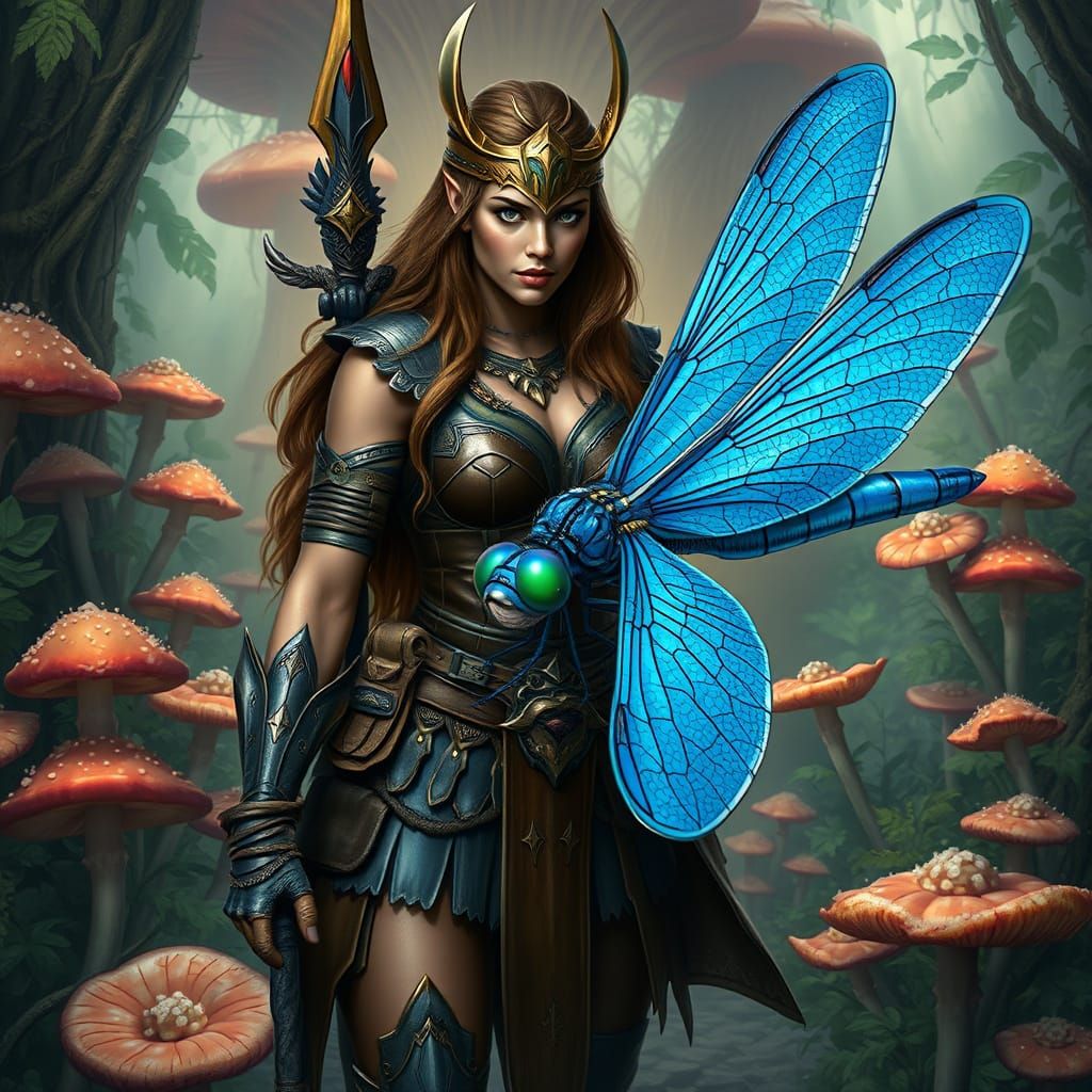 Amazon Warrior and Giant Dragonfly in Mushroom Forest