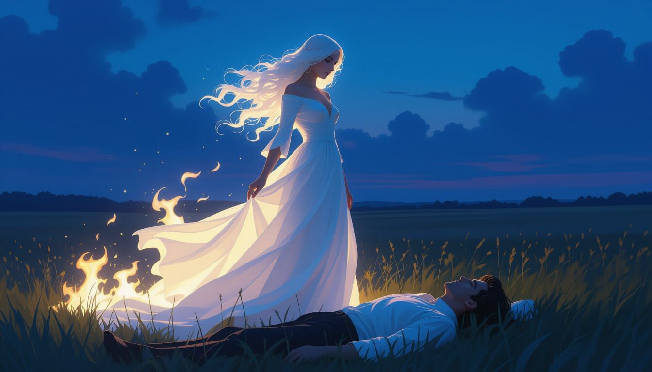 Ethereal Woman Guards Sleeping Man in Neo-Classical Style