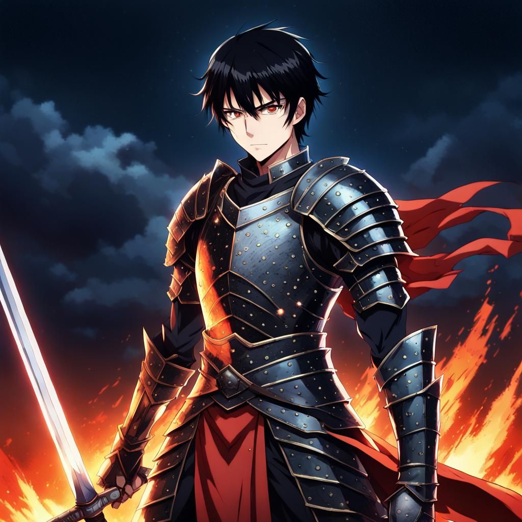 Anime Swordsman with Blazing Sword in Dark Fantasy Style