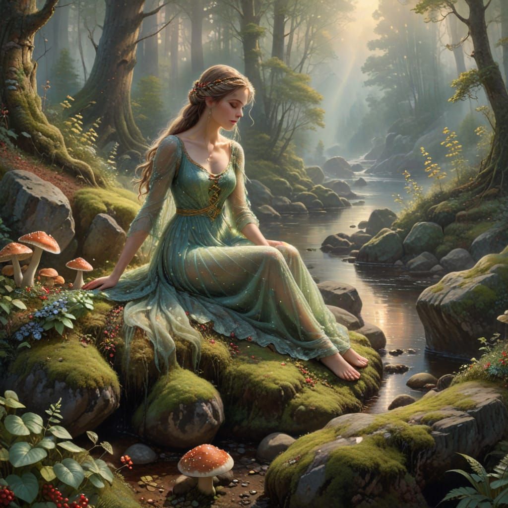 Ethereal Woman in Sparkling Forest Glade